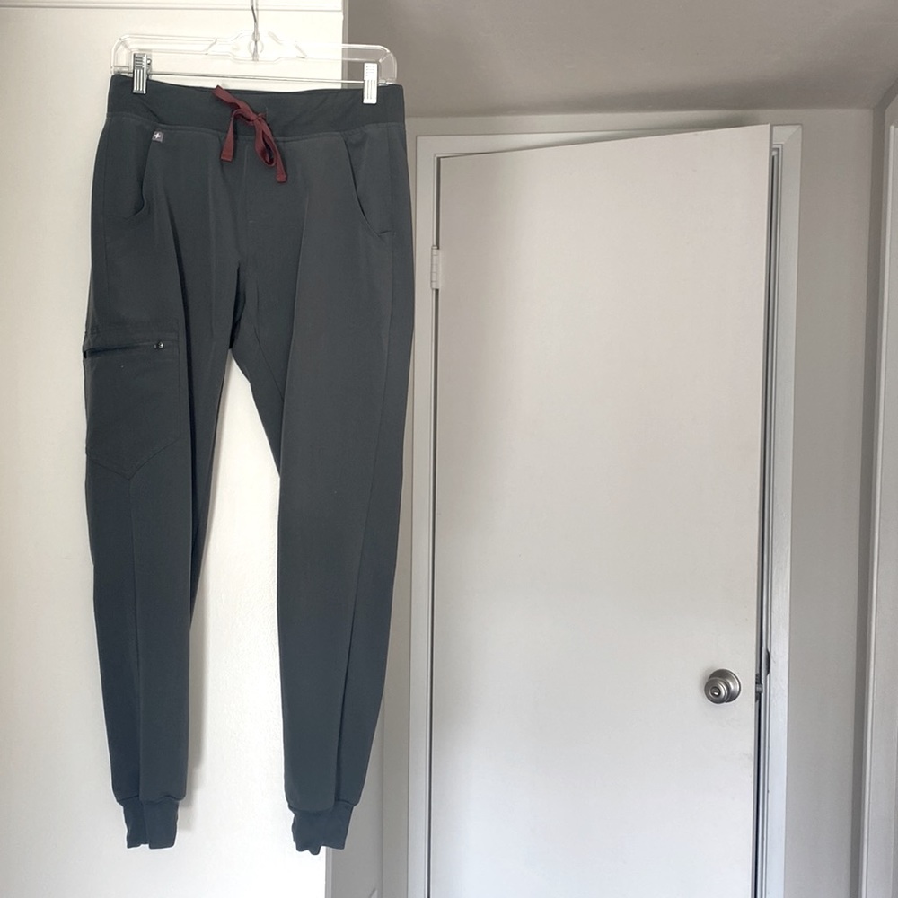Figs Zamora Jogger in Dark Olive with Maroon Drawstring